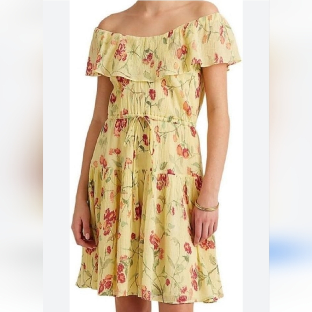 NWT Lauren Ralph Lauren Crepe Floral Off the Shoulder Fit and Flare Spring Dress